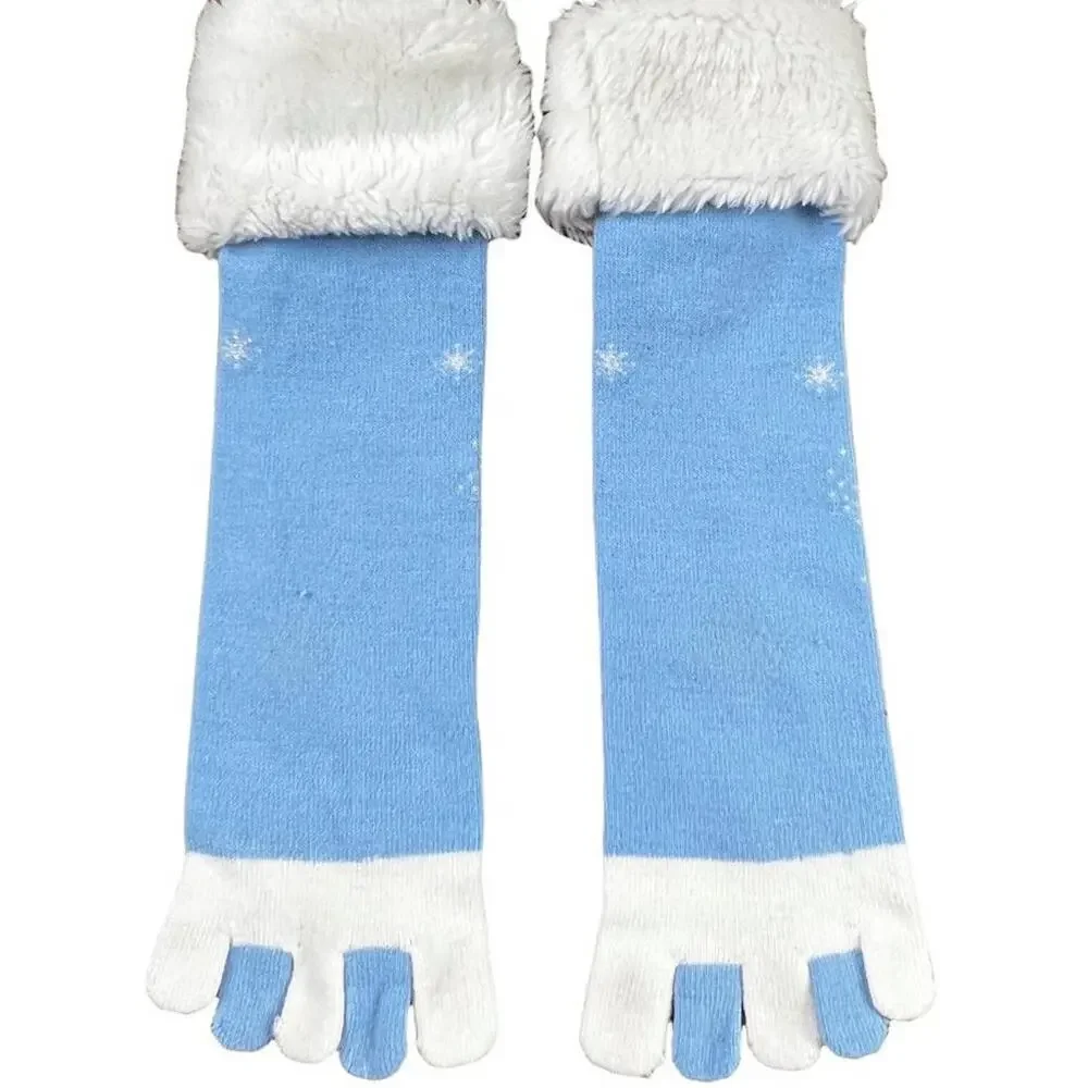 Festive Christmas Penguin Toe Socks in Blue with White Fluffy Fringe Snowflakes